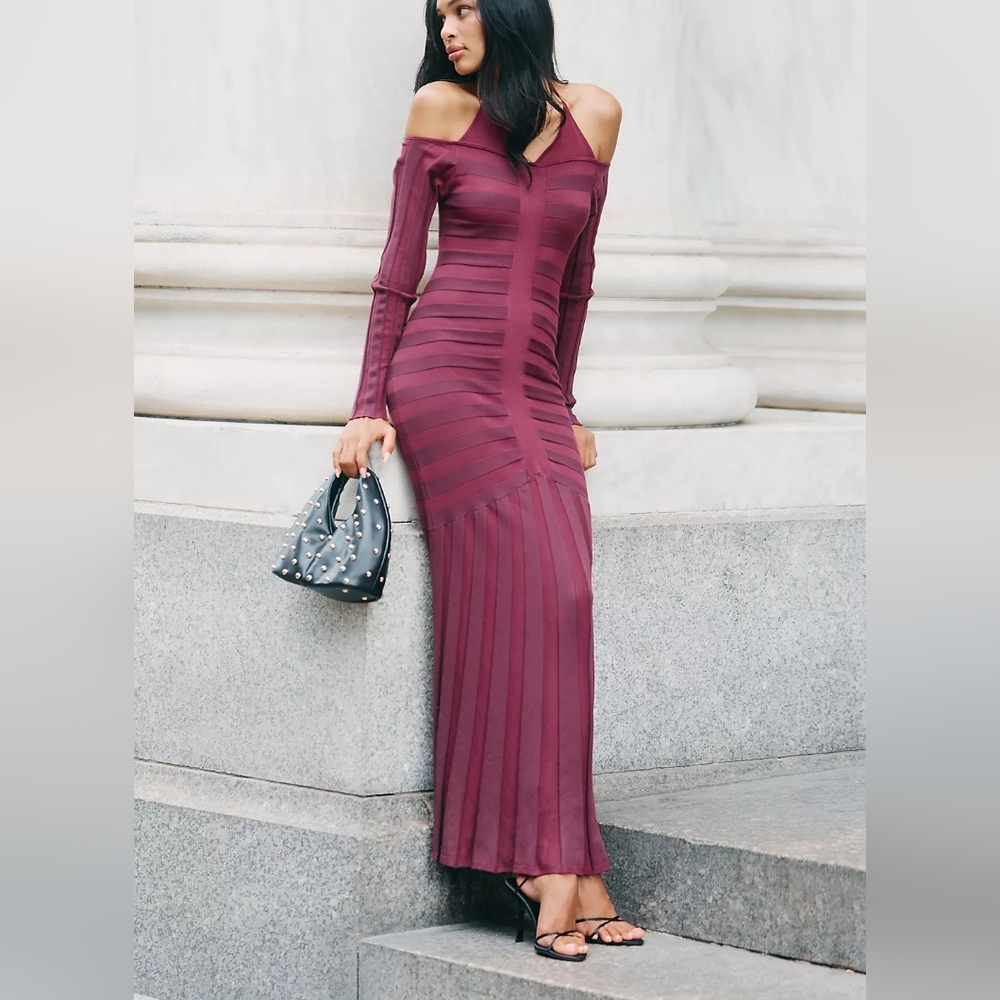 Anthropologie Mauve Off-Shoulder Ruched Maxi Sweater Dress